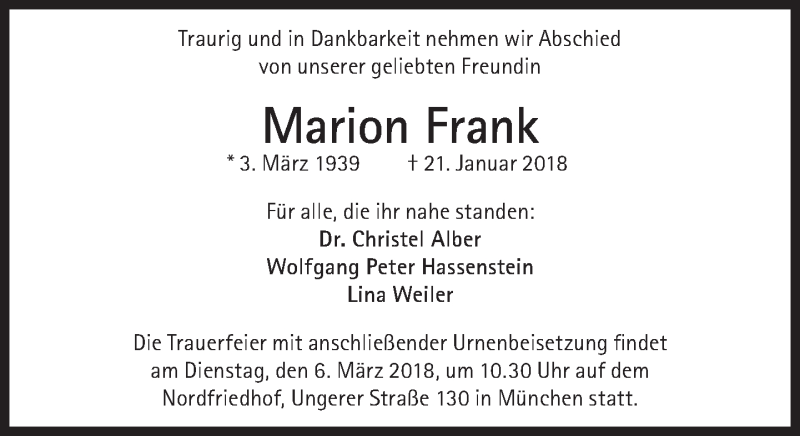  Traueranzeige für Marion Frank vom 24.02.2018 aus Süddeutsche Zeitung