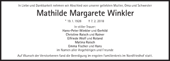Traueranzeige von Mathilde Margarete Winkler von Süddeutsche Zeitung