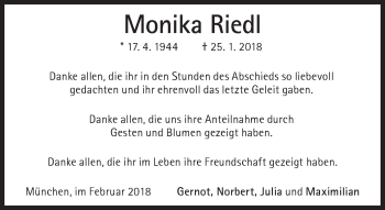 Traueranzeige von Monika Riedl von Süddeutsche Zeitung