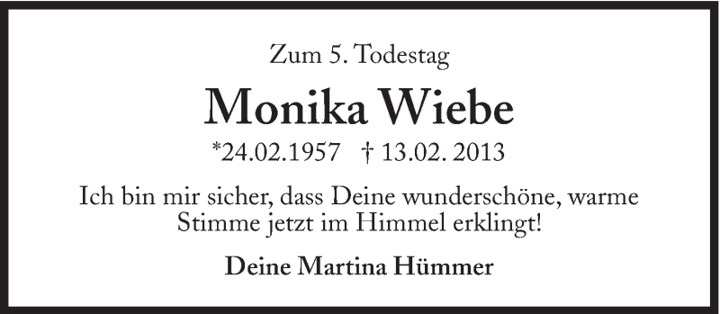  Traueranzeige für Monika Wiebe vom 24.02.2018 aus Süddeutsche Zeitung