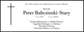 Traueranzeige von Peter Babczinski-Stary von Süddeutsche Zeitung