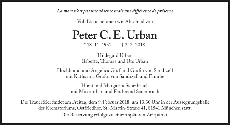  Traueranzeige für Peter  Urban vom 07.02.2018 aus Süddeutsche Zeitung