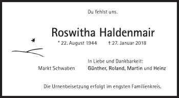 Traueranzeige von Roswitha Haldenmair von Süddeutsche Zeitung