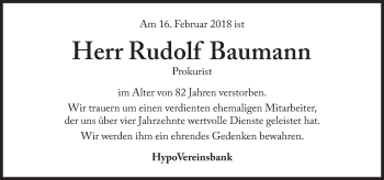 Traueranzeige von Rudolf Baumann von Süddeutsche Zeitung