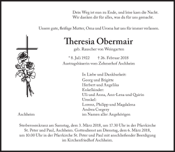 Traueranzeige von Theresia Obermair von Süddeutsche Zeitung