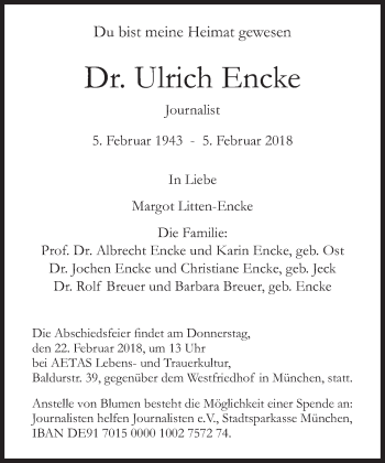 Traueranzeige von Ulrich Encke von Süddeutsche Zeitung