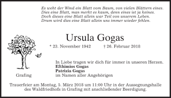 Traueranzeige von Ursula Gogas von Süddeutsche Zeitung