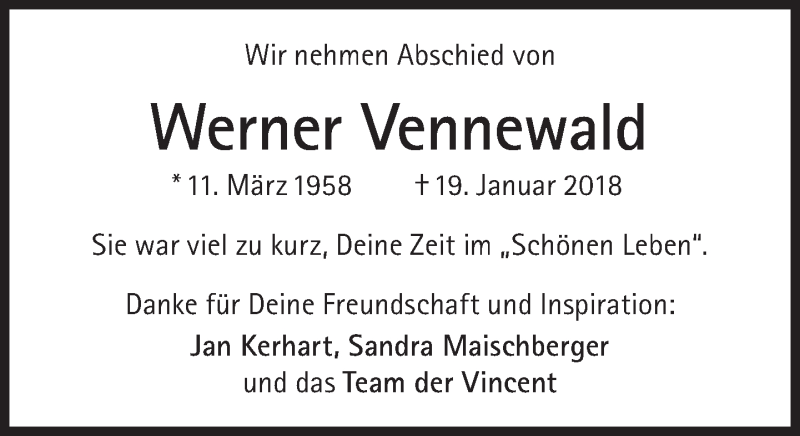  Traueranzeige für Werner Vennewald vom 17.02.2018 aus Süddeutsche Zeitung