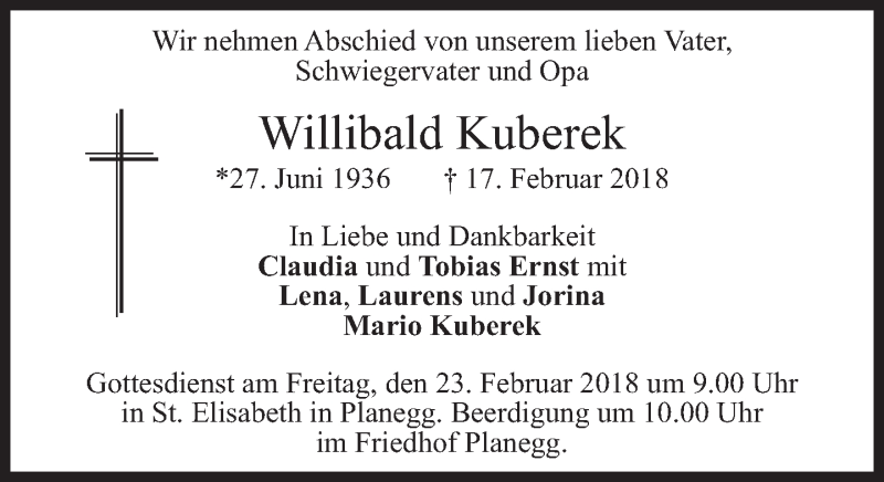  Traueranzeige für Willibald Kuberek vom 22.02.2018 aus Süddeutsche Zeitung