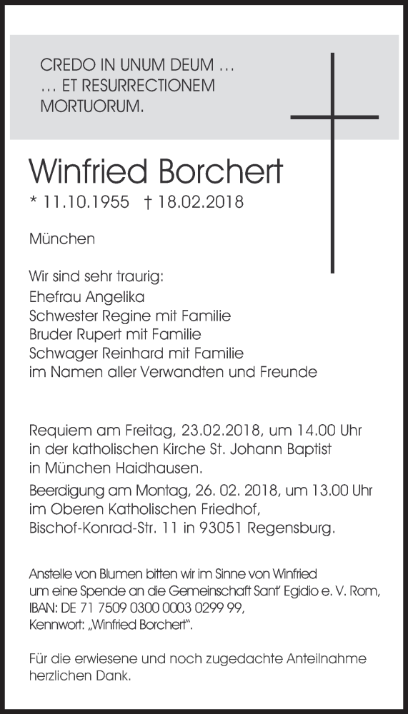  Traueranzeige für Winfried Borchert vom 22.02.2018 aus Süddeutsche Zeitung