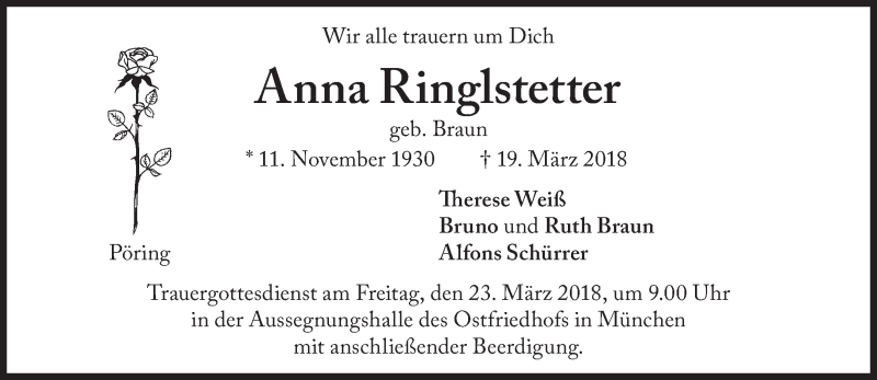  Traueranzeige für Anna Ringlstetter vom 21.03.2018 aus Süddeutsche Zeitung