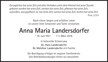 Traueranzeige von Anna Maria Landersdorfer von Süddeutsche Zeitung