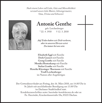 Traueranzeige von Antonie Genthe von Süddeutsche Zeitung