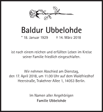 Traueranzeige von Baldur Ubbelohde von Süddeutsche Zeitung