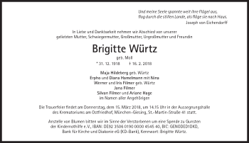 Traueranzeige von Brigitte Würtz von Süddeutsche Zeitung