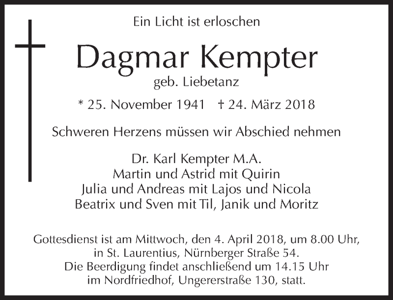  Traueranzeige für Dagmar Kempter vom 28.03.2018 aus Süddeutsche Zeitung