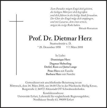 Traueranzeige von Dietmar Herz von Süddeutsche Zeitung