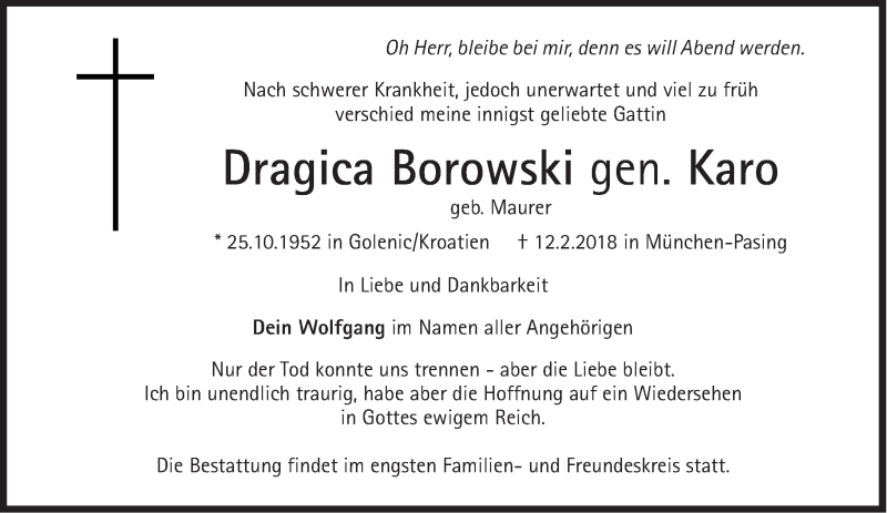  Traueranzeige für Dragica Borowski vom 03.03.2018 aus Süddeutsche Zeitung