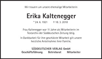 Traueranzeige von Erika Kaltenegger von Süddeutsche Zeitung