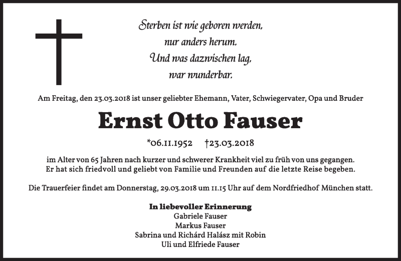  Traueranzeige für Ernst Otto Fauser vom 27.03.2018 aus Süddeutsche Zeitung