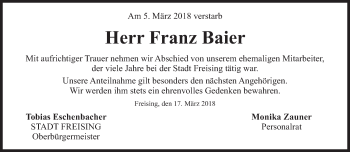 Traueranzeige von Franz Baier von Süddeutsche Zeitung