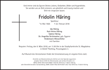 Traueranzeige von Fridolin Häring von Süddeutsche Zeitung