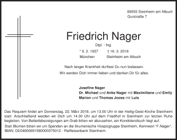 Traueranzeige von Friedrich Nager von Süddeutsche Zeitung
