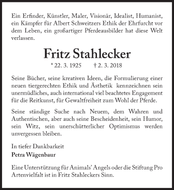 Traueranzeige von Fritz Stahlecker von Süddeutsche Zeitung
