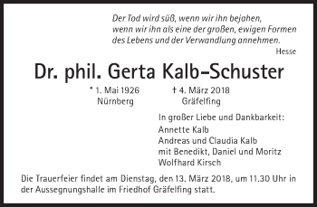 Traueranzeige von Gerta Kalb-Schuster von Süddeutsche Zeitung