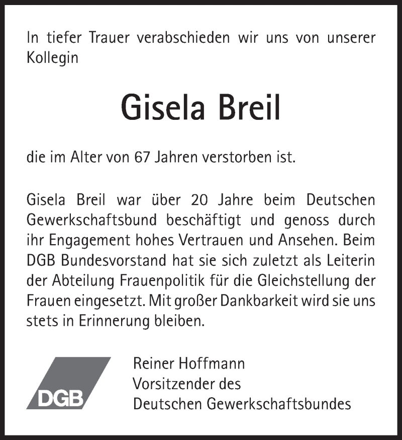  Traueranzeige für Gisela Breil vom 31.03.2018 aus Süddeutsche Zeitung