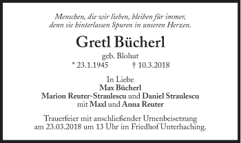 Traueranzeige von Gretl Bücherl von Süddeutsche Zeitung