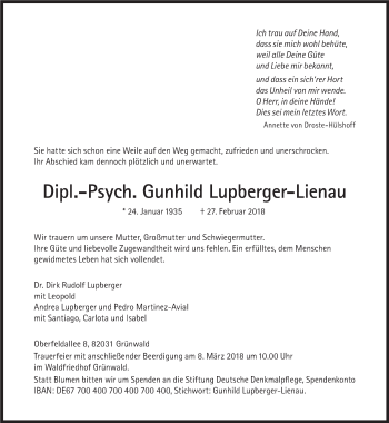 Traueranzeige von Gunhild Lupberger-Lienau von Süddeutsche Zeitung