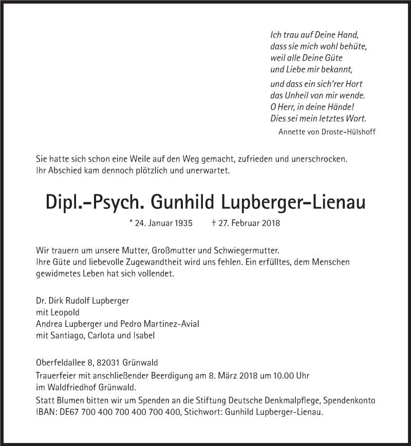  Traueranzeige für Gunhild Lupberger-Lienau vom 03.03.2018 aus Süddeutsche Zeitung