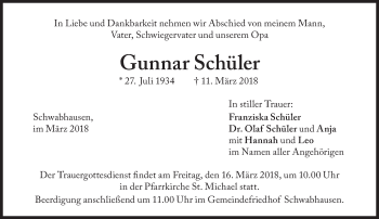 Traueranzeige von Gunnar Schüler von Süddeutsche Zeitung