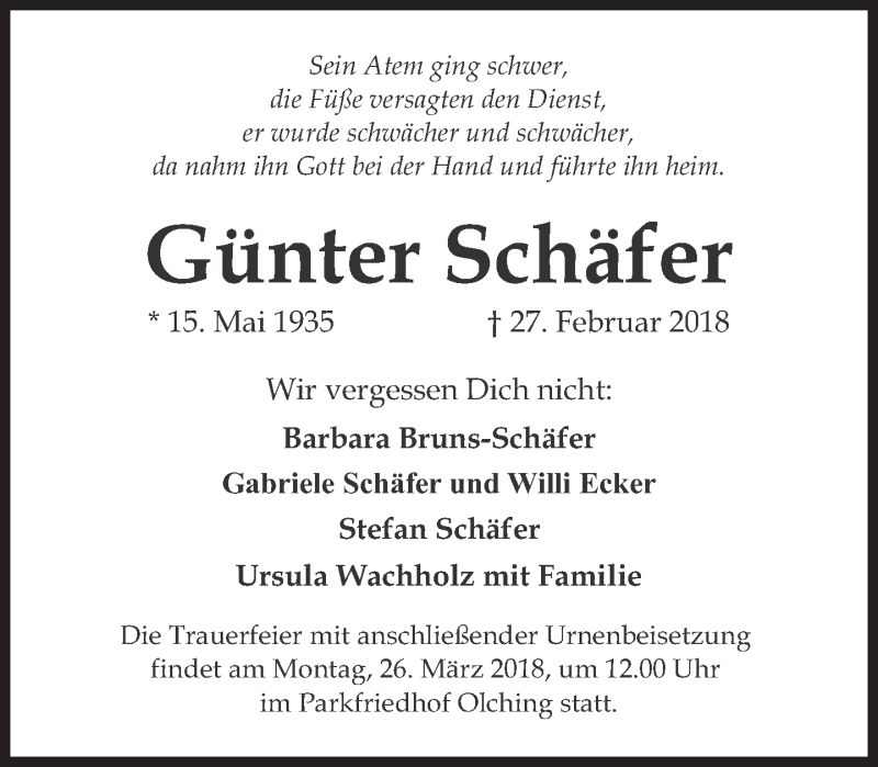  Traueranzeige für Günter Schäfer vom 17.03.2018 aus Süddeutsche Zeitung