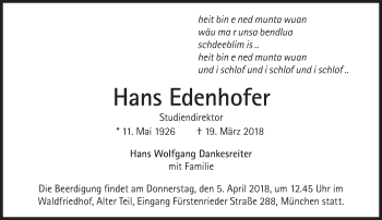 Traueranzeige von Hans Edenhofer von Süddeutsche Zeitung