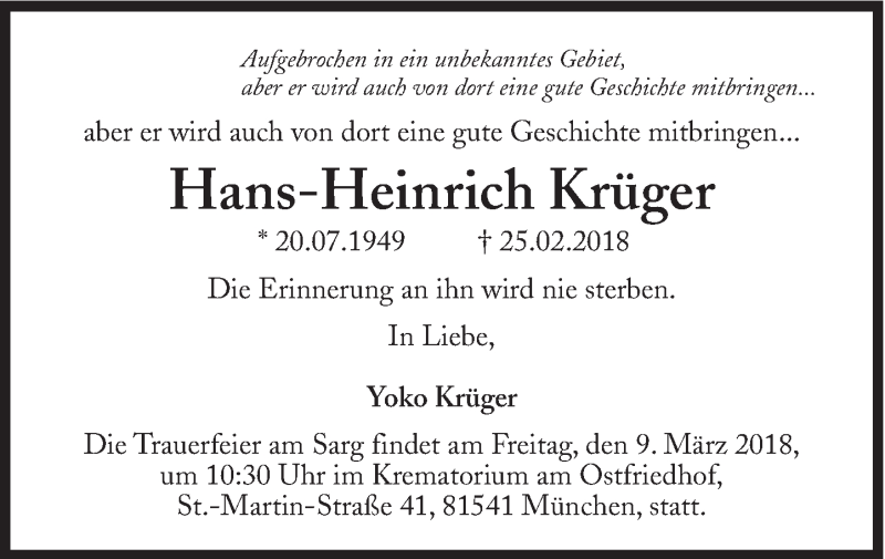  Traueranzeige für Hans-Heinrich Krüger vom 05.03.2018 aus Süddeutsche Zeitung