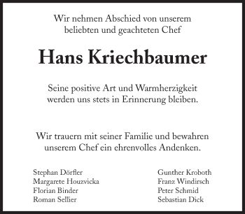 Traueranzeige von Hans Kriechbaumer von Süddeutsche Zeitung