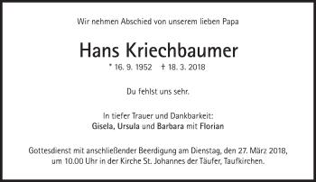 Traueranzeige von Hans Kriechbaumer von Süddeutsche Zeitung
