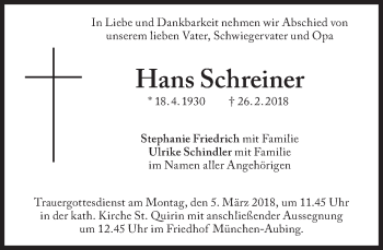 Traueranzeige von Hans Schreiner von Süddeutsche Zeitung