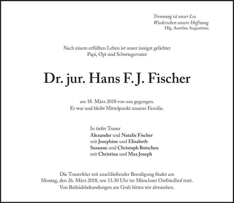  Traueranzeige für Hans F. J.  Fischer vom 20.03.2018 aus Süddeutsche Zeitung