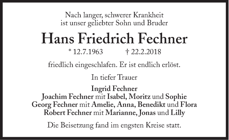  Traueranzeige für Hans Friedrich Fechner vom 10.03.2018 aus Süddeutsche Zeitung