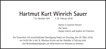 Traueranzeige von Hartmut Kurt Winrich Sauer von Süddeutsche Zeitung
