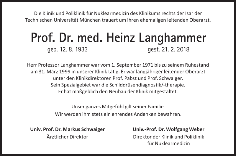  Traueranzeige für Heinz Langhammer vom 10.03.2018 aus Süddeutsche Zeitung