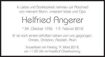 Traueranzeige von Helfried Angerer von Süddeutsche Zeitung