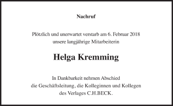 Traueranzeige von Helga Kremming von Süddeutsche Zeitung