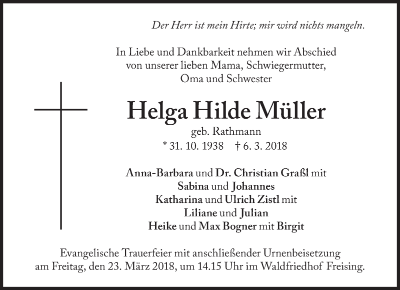  Traueranzeige für Helga Hilde Müller vom 19.03.2018 aus Süddeutsche Zeitung