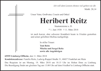 Traueranzeige von Heribert Reitz von Süddeutsche Zeitung