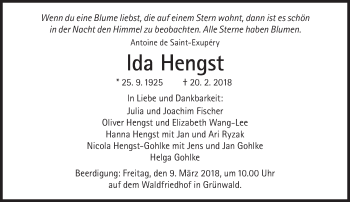 Traueranzeige von Ida Hengst von Süddeutsche Zeitung