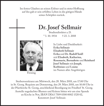 Traueranzeige von Josef Sellmair von Süddeutsche Zeitung